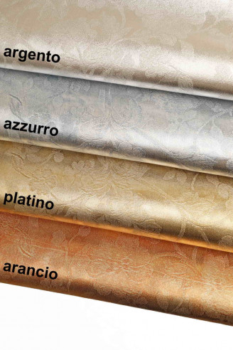 FLORAL PRINTED italian leather suede metallic hide sky/silver orange/platinum flower printed goatskin for crafter