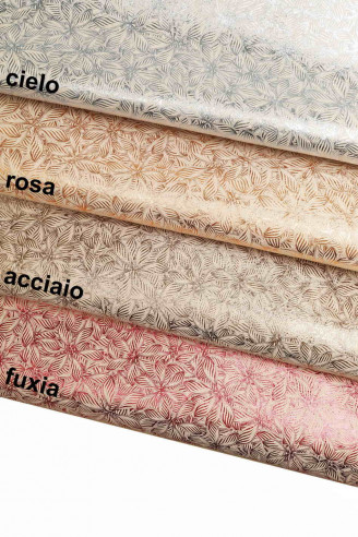 FLORAL PRINTED italian leather suede metallic hide sky/steel/fuchsia/pink flower printed genuine skin for crafter