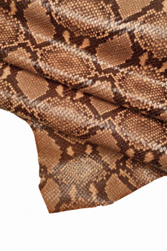 Genuine leather hide calfskin pink taupe/brown python snake textured print calf, scales print, glossy italian skins