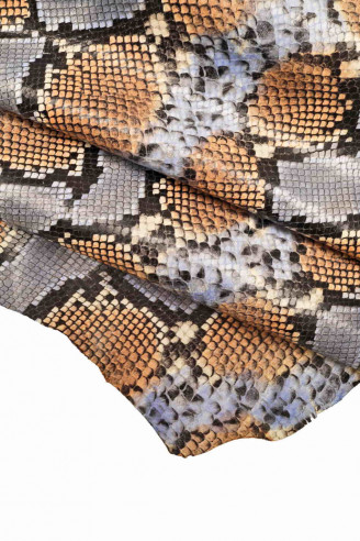 Multicolor snake leather hides - black orange light blue python reptile - glossy colorful snakeskin  B12005-ST