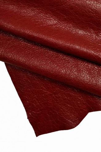DARK RED pebble grain goatskin Italian leather, wrinkled distressed skin -shiny soft vintage hide for crafters