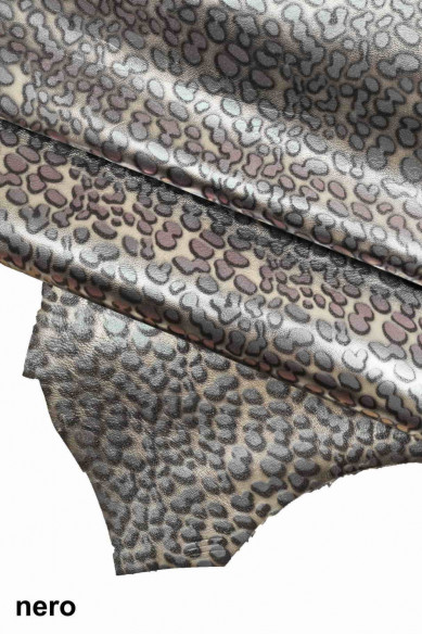 LEOPARD PRINTED italian leather suede metallic hide black /lilac/blue spotted  print metallic cheetah patterned