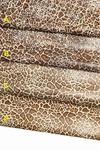 Genuine leather hide goatskin, brown/white metallic crackled effect, giraffe textured print goat, soft italian skins