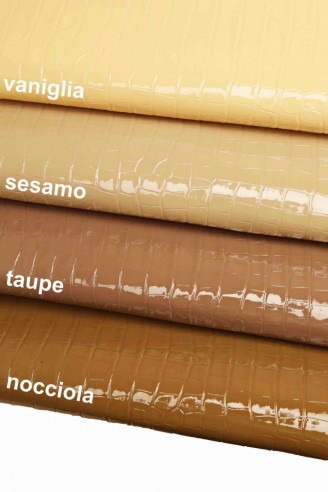 Genuine leather hide calfskin, vanilla/sesame/taupe/hazel crocodile embossed patent, croc print, stiff italian skins