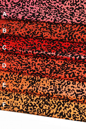 PELLE maculata FLOCCATA colori arancio fuxia rosso - pellami con stampa flock leopardo