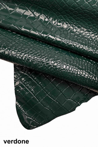 Genuine leather hide goatskin, light blue/fuchsia/dark green patent crocodile embossed goat, croc print italian skins