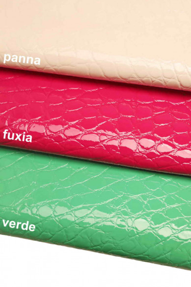 EMBOSSED CROC hide green leather fuchsia patent goat laquer crocodile print cream, glossy