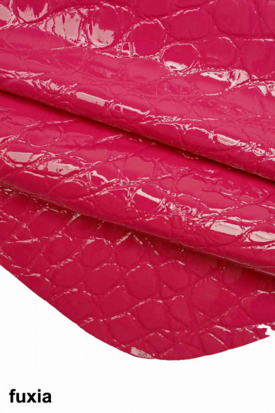 EMBOSSED CROC hide green leather fuchsia patent goat laquer crocodile print cream, glossy