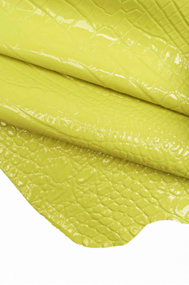 Genuine leather hide goatskin, green/orange/yellow patent lacquer croc embossed goat, stiff genuine italian skins