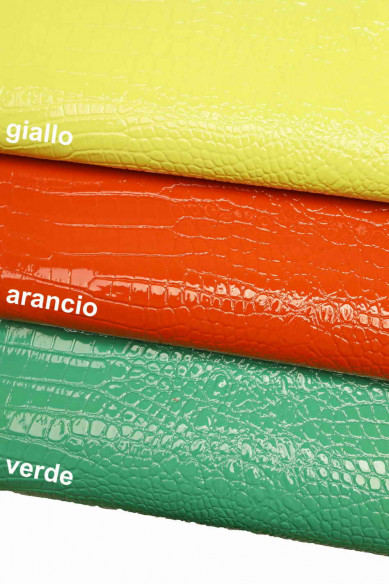 Genuine leather hide goatskin, green/orange/yellow patent lacquer croc embossed goat, stiff genuine italian skins