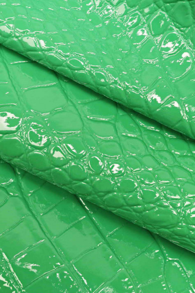 Genuine leather hide goatskin, green/orange/yellow patent lacquer croc embossed goat, stiff genuine italian skins