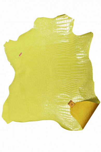 Genuine leather hide goatskin, green/orange/yellow patent lacquer croc embossed goat, stiff genuine italian skins