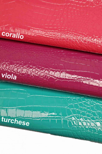 EMBOSSED CROC hide coral leather purple patent goat  laquer crocodile  print turquoise , glossy  3 colors available