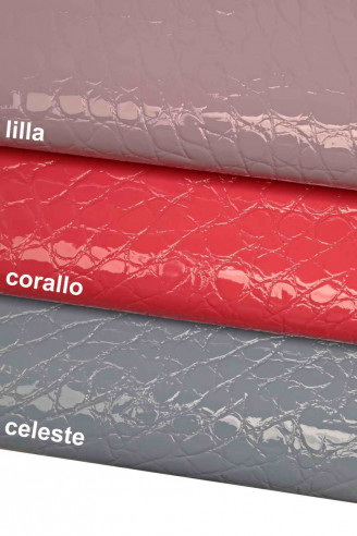 EMBOSSED CROC hide coral  leather lilac patent goat  laquer crocodile print light blue, glossy genuine skin