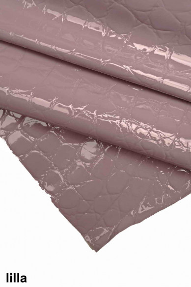 EMBOSSED CROC hide coral  leather lilac patent goat  laquer crocodile print light blue, glossy genuine skin