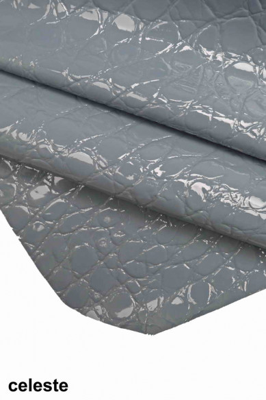 EMBOSSED CROC hide coral  leather lilac patent goat  laquer crocodile print light blue, glossy genuine skin