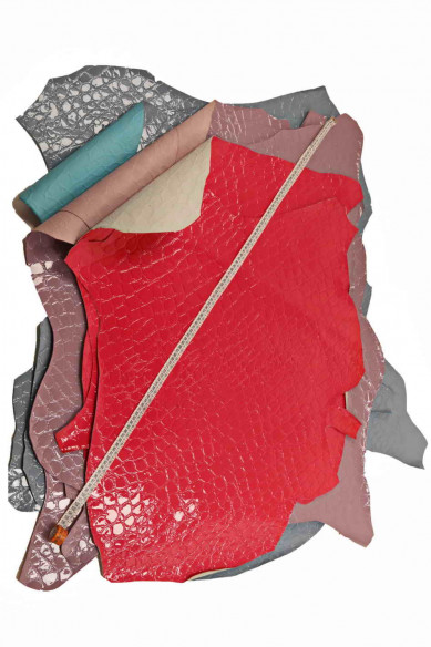 EMBOSSED CROC hide coral  leather lilac patent goat  laquer crocodile print light blue, glossy genuine skin