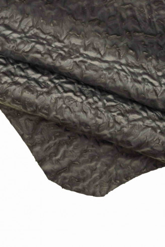 Black grey ORIGINAL printed  cowhide Italian leather skin - bark tree embossed cow -rubberized textured hide