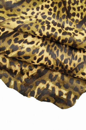 Cheetah Beige/Brown/Green Printed Cowhide Leather, HAIR ON Printed Leather, Printed Leopard,  zig-zag pattern soft