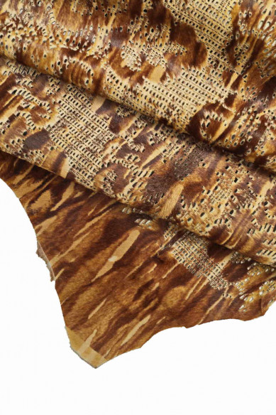 BROWN/BEIGE/CREAM Hair on italian leather hides calfskin calf skin cowhide perforated engraved lasered strips skins
