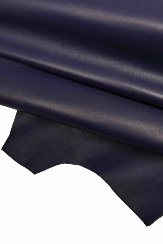 Italian leather, indigo-colored smooth nappa, semi-glossy, quite soft, classic look