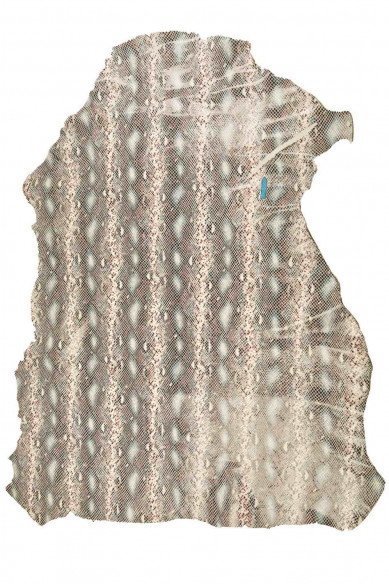 PELLE di PITONE stampato capra fondo bianco con stampa squametta e disegno pitone nero/viola/azzurro, lucida