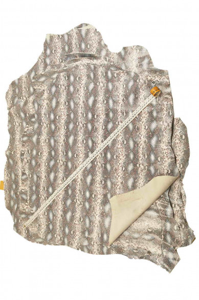 PELLE di PITONE stampato capra fondo bianco con stampa squametta e disegno pitone nero/viola/azzurro, lucida