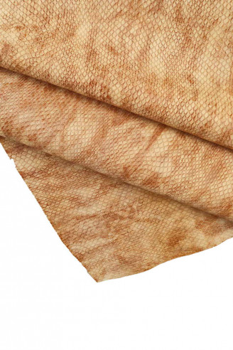 Genuine leather hide calfskin - BEIGE/brown printed cowhide - textured scales - italian skins 0.9/1.0 mm