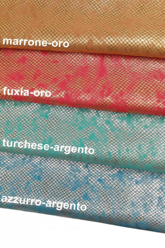 Italian leather, metallic suede with scaly print and partially abrasive foil, spot effect, 4 colors available