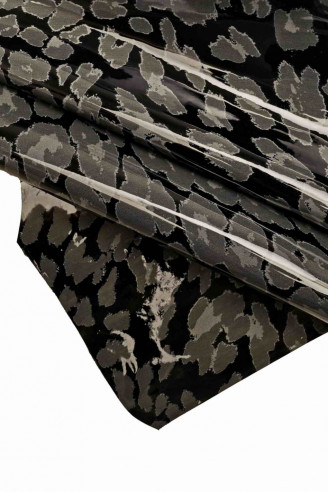 BIG leopard print patent Italian leathe-goatskin black base textured cheetah gray shiny hide, stiff, classic goat