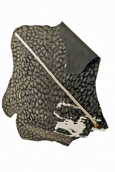PELLE verniciata colore nero stampata leopardo grigio-pellame lucido stampa animalier -cuoio rigido, look classico