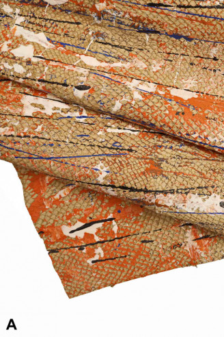 Italian leather, beige base salmon sheet decorated by hand with color splash pattern, soft, 2 versions available