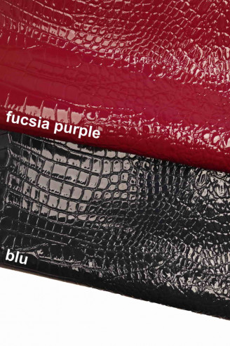 EMBOSSED CROC hide fuxia leather purple patent goat  laquer crocodile print blue, glossy genuine skin