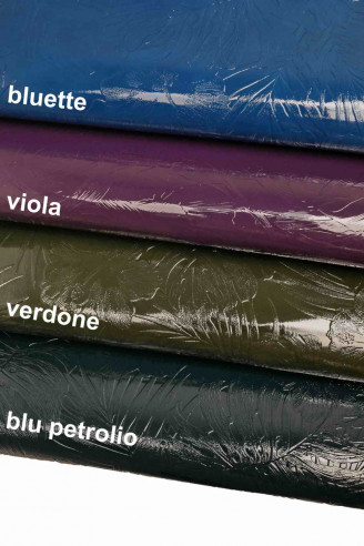 EMBOSSED floral cowhide Italian leather skin -  green - royal blue purple -green blue printed patent calfskin - shiny