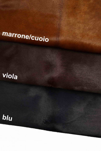HAIR ON leather cow hide- tan brown-blue-purple pony calf, velvety, soft touch, 3 colors available