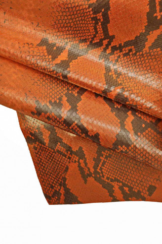 Genuine leather hide calfskin, orange calf - black python snake textured cowhide, scales print cow, italian skins