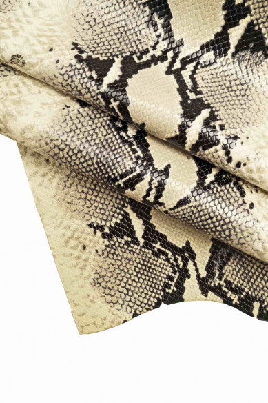 CALF embossed SNAKE, Italian reptile leather, calfskin with scale print and beige/grey/black python patterned hide