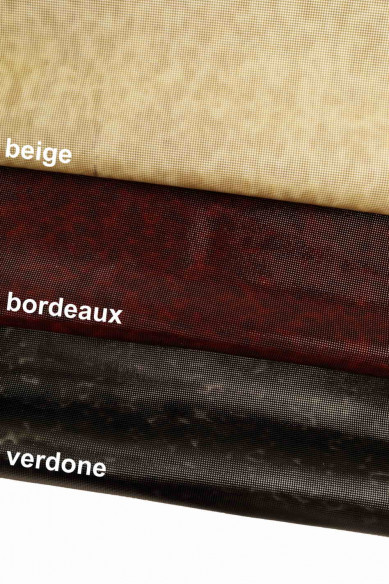 Italian leather, half hides of patent calf with cloudy effect and carved square print, glossy, a bit stiff, 3 colors