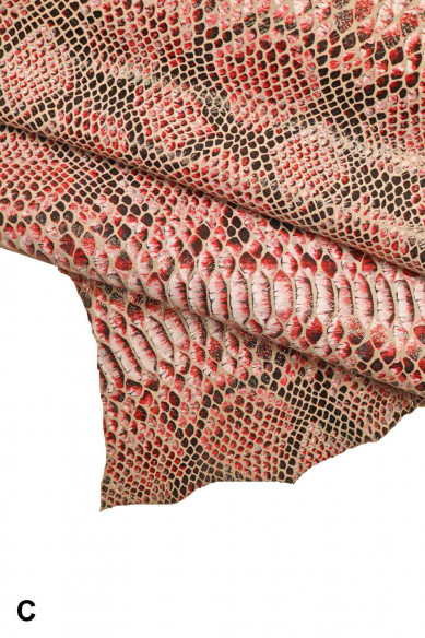 PELLE di PITONE stampata boa- camoscio laminato con stampa rettile colori rosso/nero/bianco -cuoio serpente