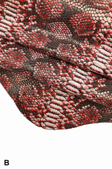 PELLE di PITONE stampata boa- camoscio laminato con stampa rettile colori rosso/nero/bianco -cuoio serpente