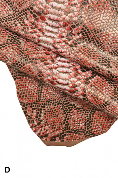 PELLE di PITONE stampata boa- camoscio laminato con stampa rettile colori rosso/nero/bianco -cuoio serpente