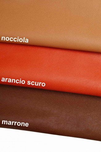 Hazelnut -oragne-brown pebble grany grain textured Italian goatskin leather semi-glossy hides -goatskin hide printed
