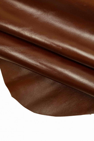 Italian leather, brown half calfskin, super shiny, wrinkled look, a little stiff, vintage / sporty look