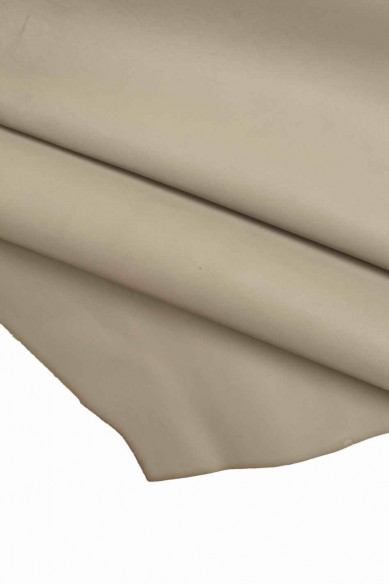 Italian leather, smooth gray half calfskin, not very shiny, medium softness, silky to the touch, sporty look