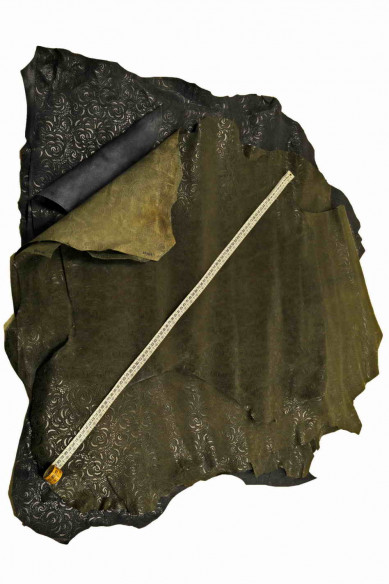 Genuine leather hide goatskin, dark green/blue optical floral embossed goat, floral print, stiff italian skins