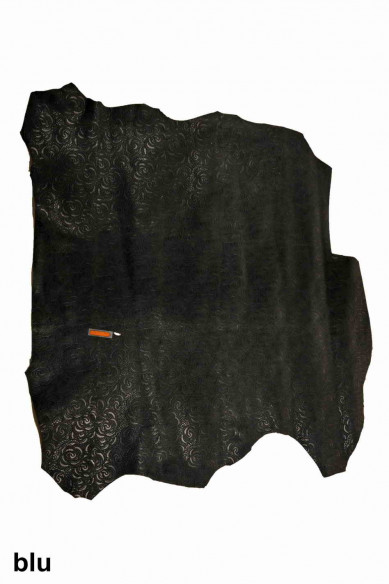 Genuine leather hide goatskin, dark green/blue optical floral embossed goat, floral print, stiff italian skins