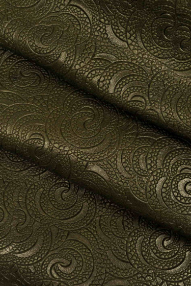 Genuine leather hide goatskin, dark green/blue optical floral embossed goat, floral print, stiff italian skins