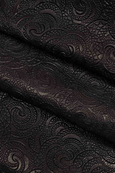 Genuine leather hide goatskin, dark green/blue optical floral embossed goat, floral print, stiff italian skins