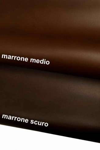 Italian leather, smooth brown half calfskin, semi gloss, rigid, classic / sporty look, 2 shades of brown available