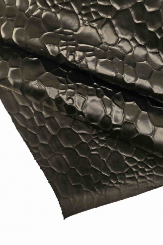 Black calfskin leather hide embossed crocodile print cowhide stiff calf distressed cow genuine italian hide